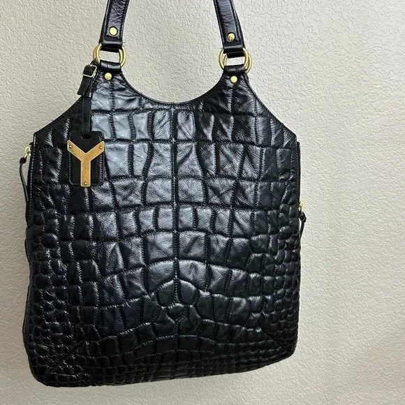 Vintage YSL Saint Laurent Black Patent Leather Croc Stitched Tribute Flat Tote